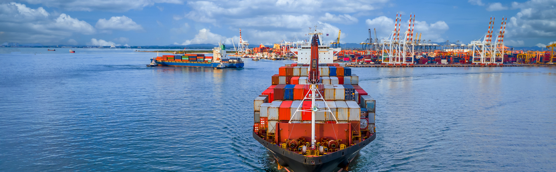 Maritime professionals in safety gear working at port